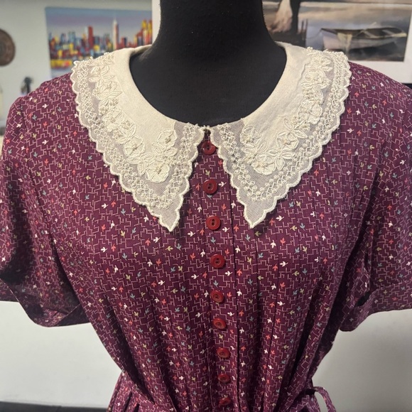 Vintage 80’s❤️Karin Stevens Eve Midi Dress with White Lace Collar- Sz 12 - Picture 2 of 7